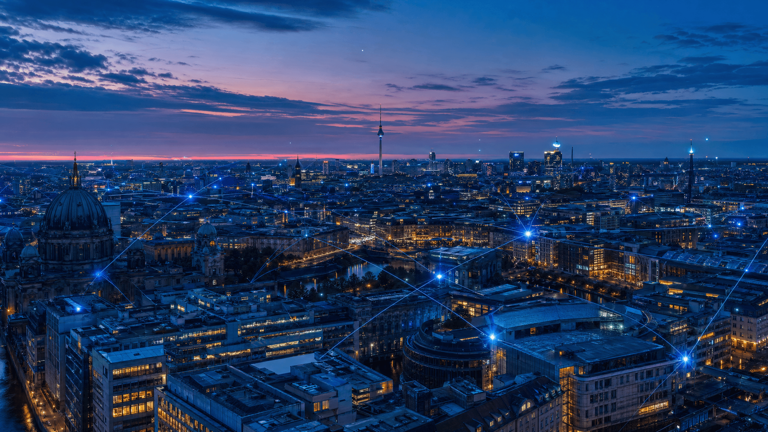 Red de telecomunicaciones sobre edificio inteligente al atardecer