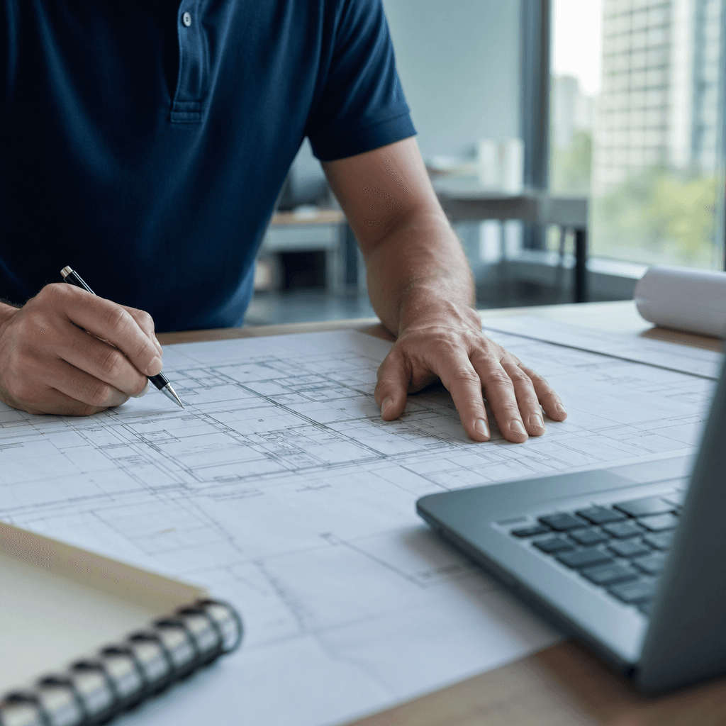 Técnico examinando un plano arquitectónico sobre un escritorio