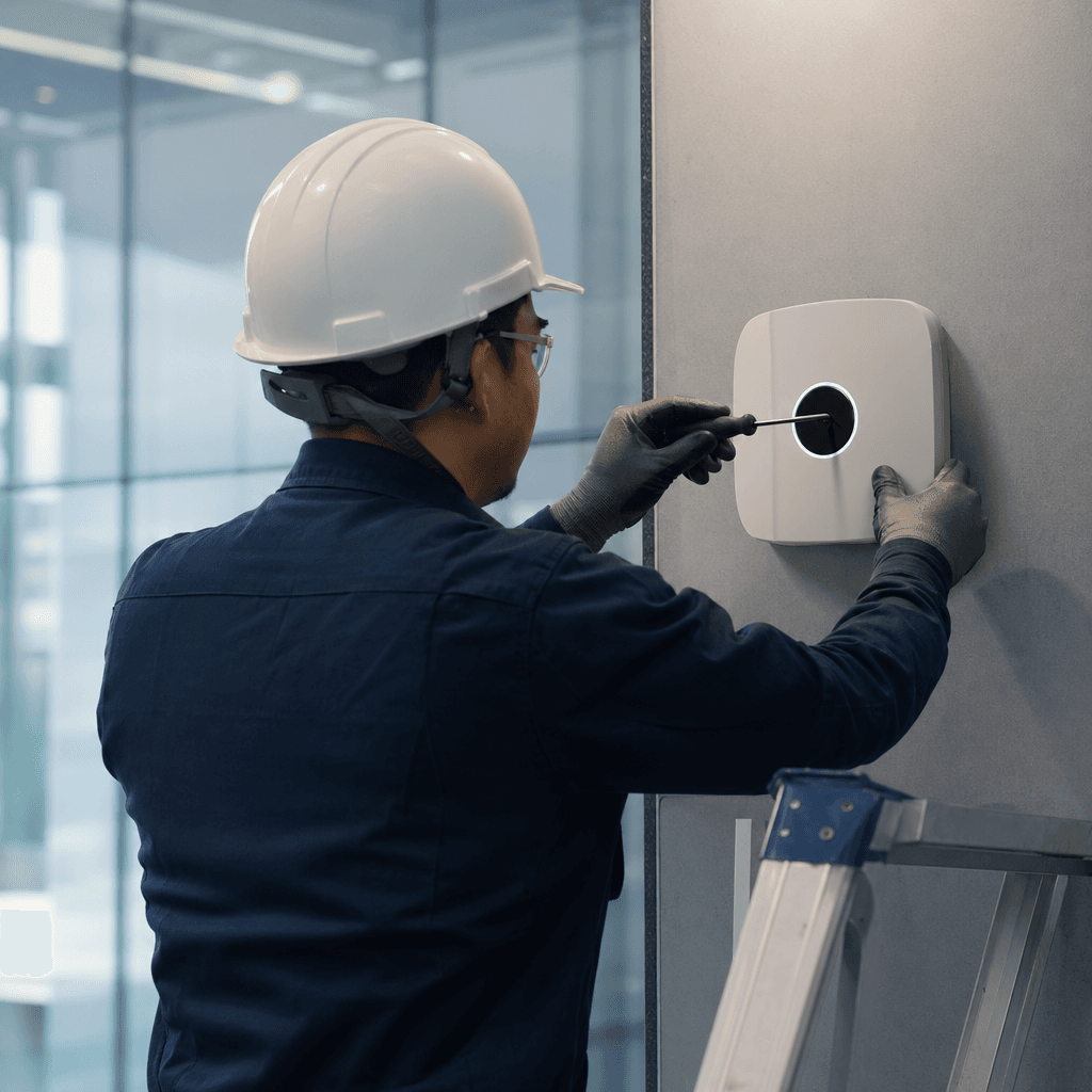Técnico con casco instalando un dispositivo en pared