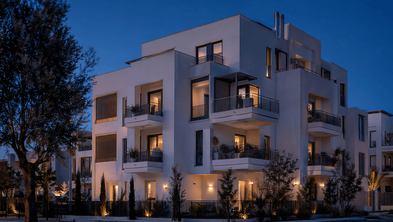 Edificio residencial moderno con balcones iluminados