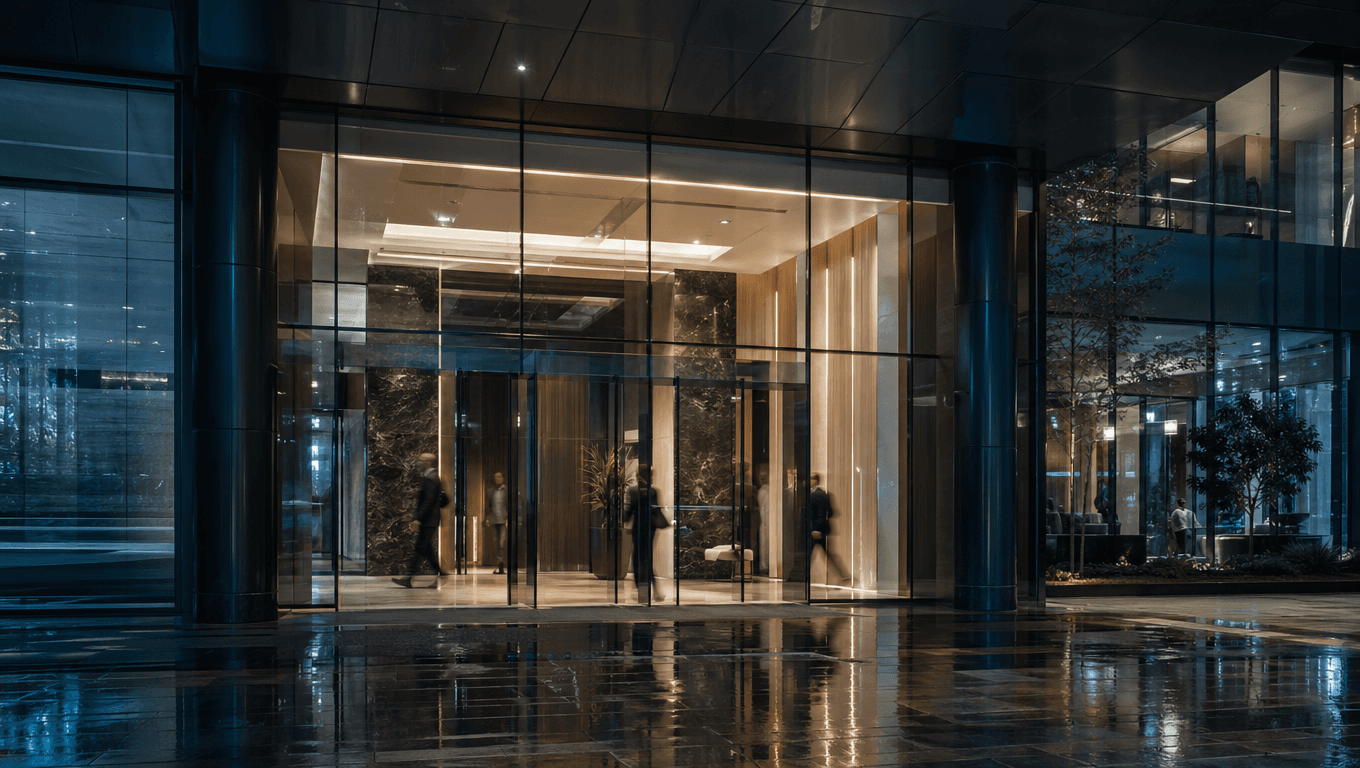 Lobby corporativo de edificio de oficinas con cristal