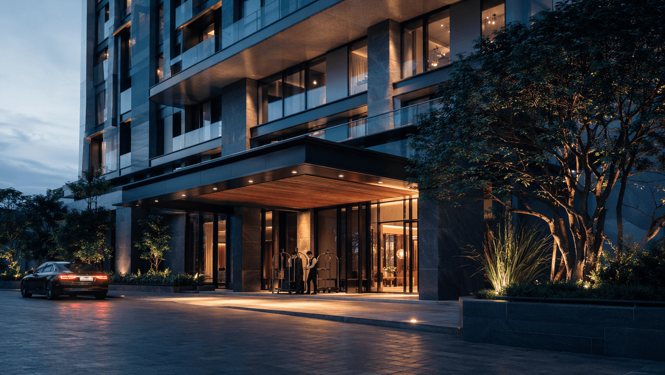 Fachada de hotel boutique al atardecer