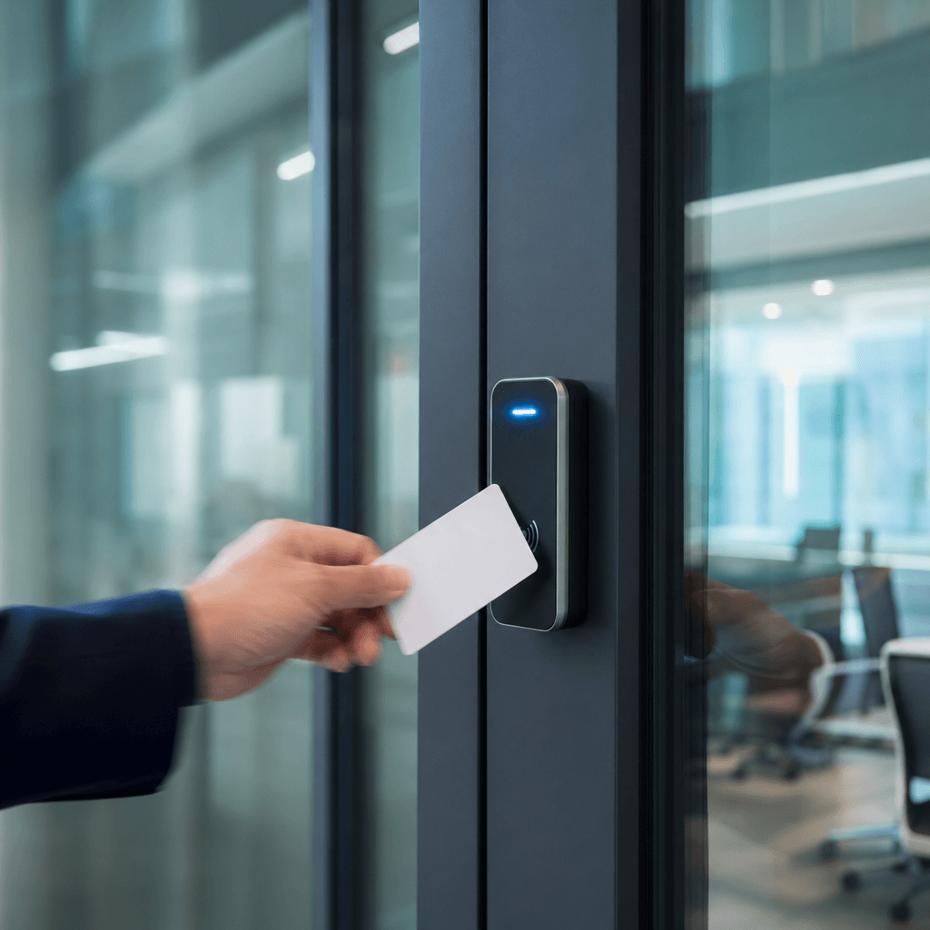 Lector de tarjeta RFID en puerta de oficina
