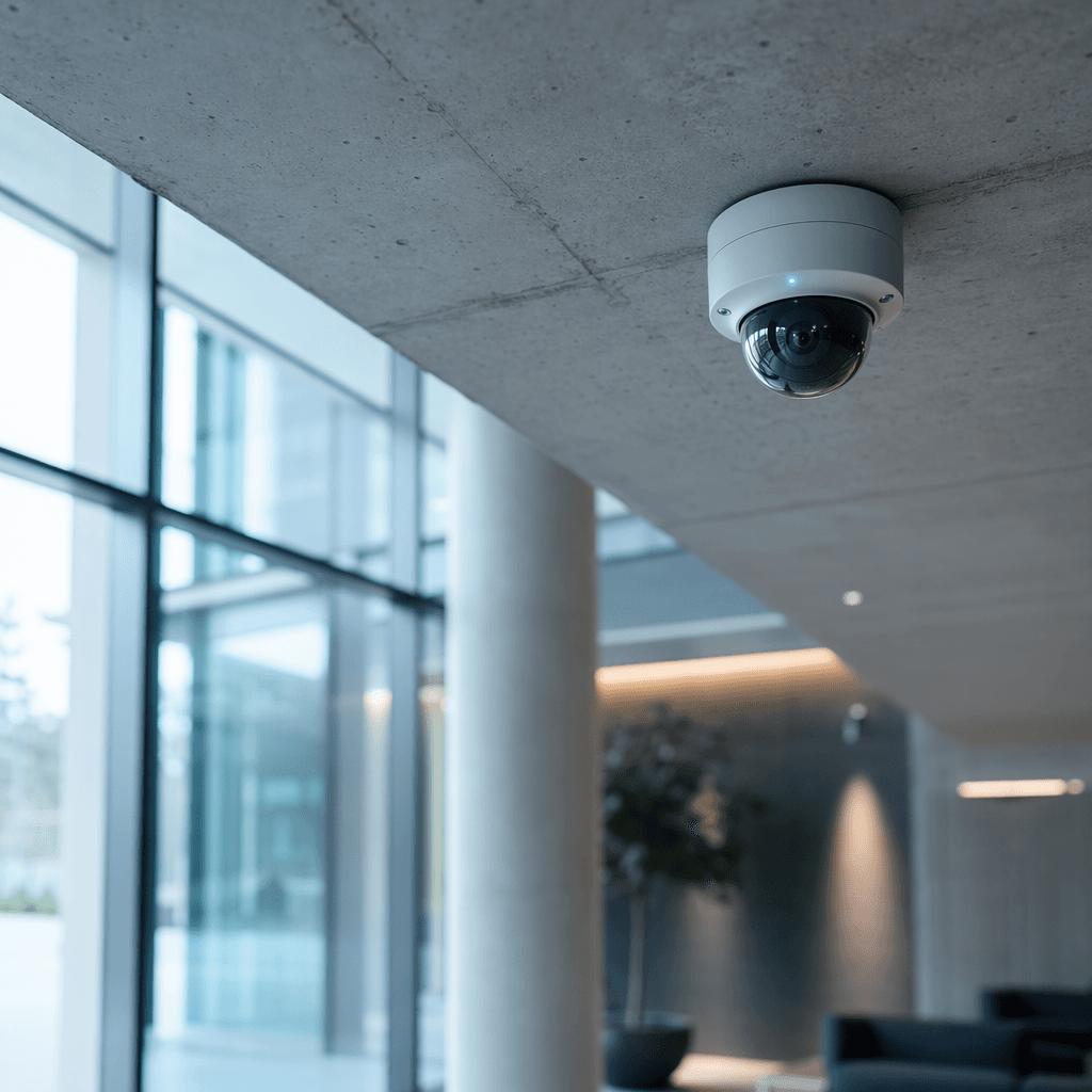 Cámara domo de seguridad en lobby corporativo