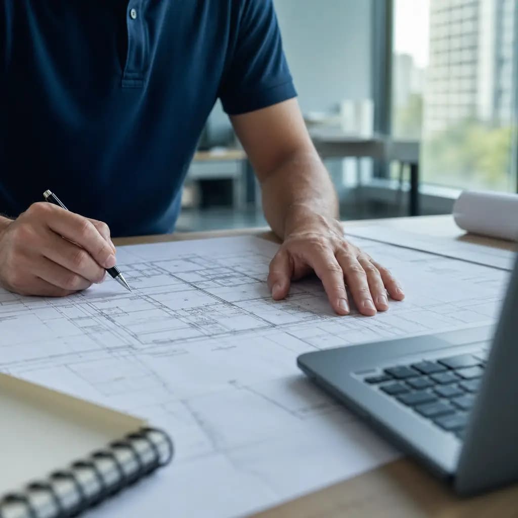 Técnico examinando un plano arquitectónico sobre un escritorio