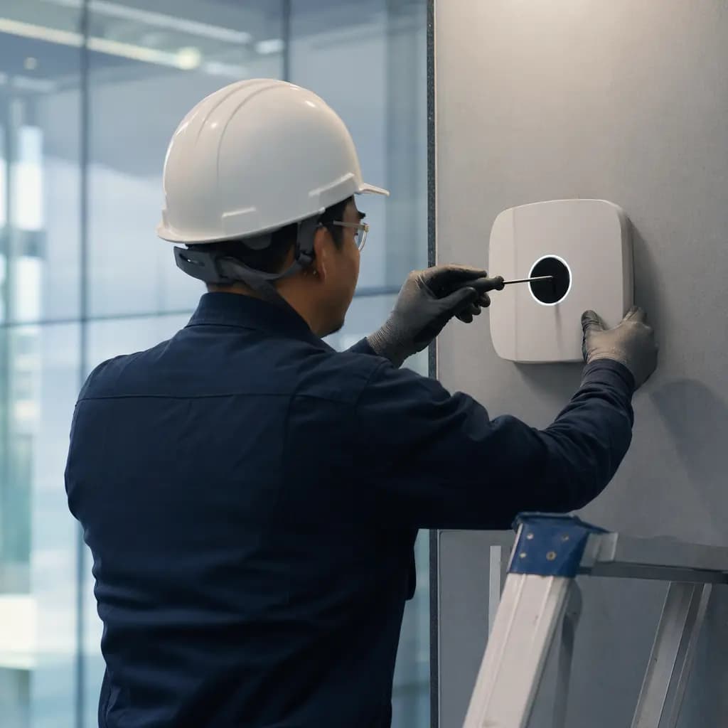 Técnico con casco instalando un dispositivo en pared