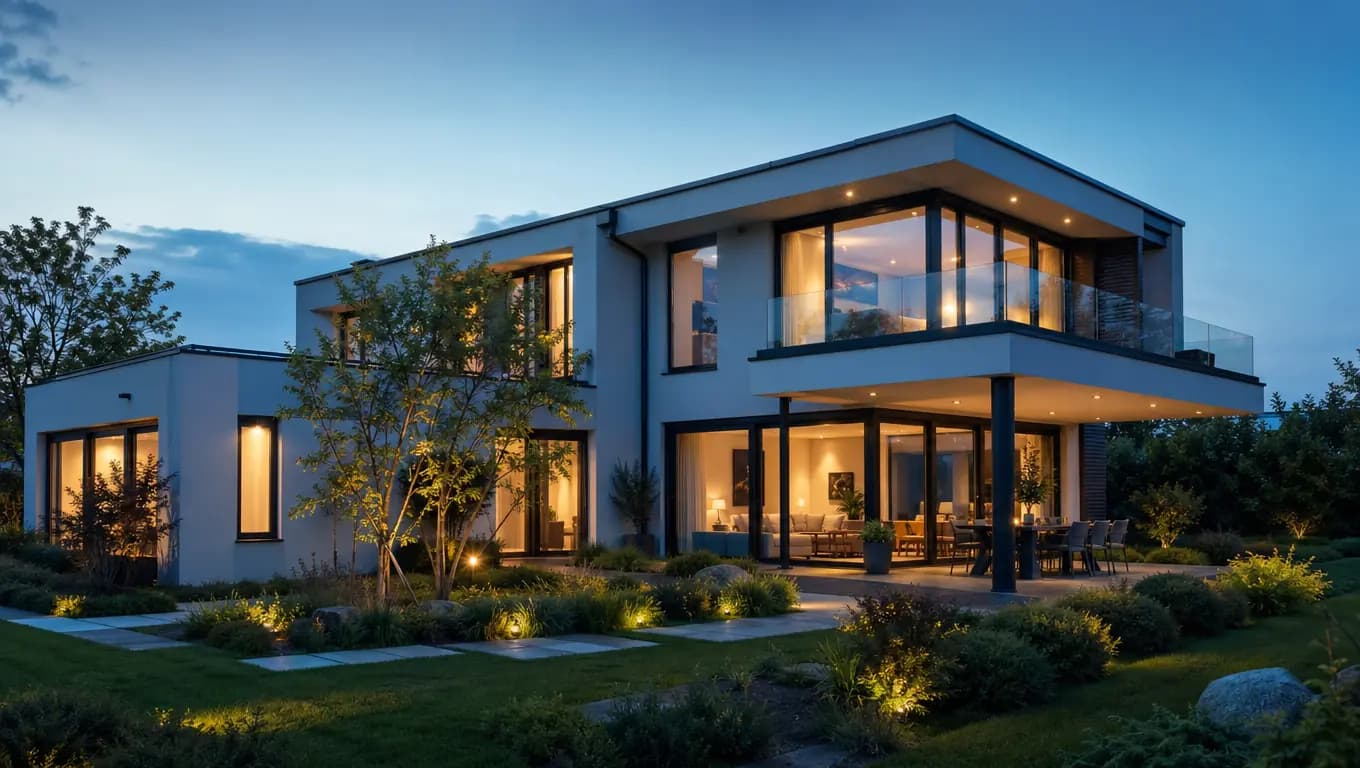 Vivienda unifamiliar moderna con luz interior cálida al atardecer