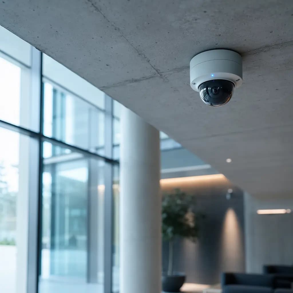 Cámara domo de videovigilancia profesional instalada en lobby corporativo